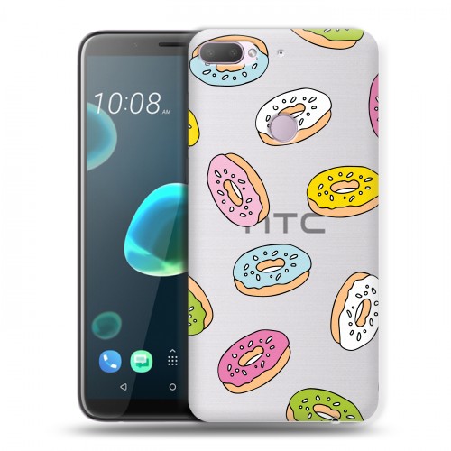 Полупрозрачный дизайнерский пластиковый чехол для HTC Desire 12 Plus Прозрачные пончики