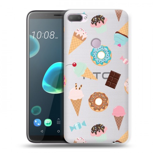 Полупрозрачный дизайнерский пластиковый чехол для HTC Desire 12 Plus Прозрачные пончики