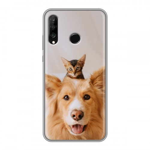 Дизайнерский силиконовый с усиленными углами чехол для Huawei P30 Lite Собака и котенок