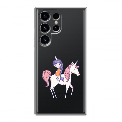 Полупрозрачный дизайнерский силиконовый чехол для Samsung Galaxy S24 Ultra Прозрачные лошади и единороги 