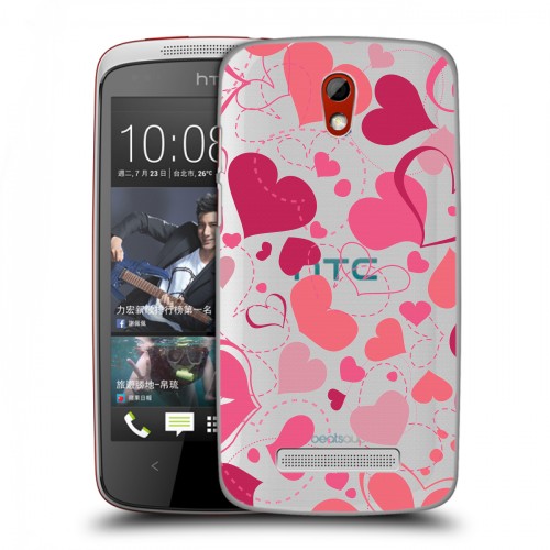 Полупрозрачный дизайнерский пластиковый чехол для HTC Desire 500 Прозрачные сердца
