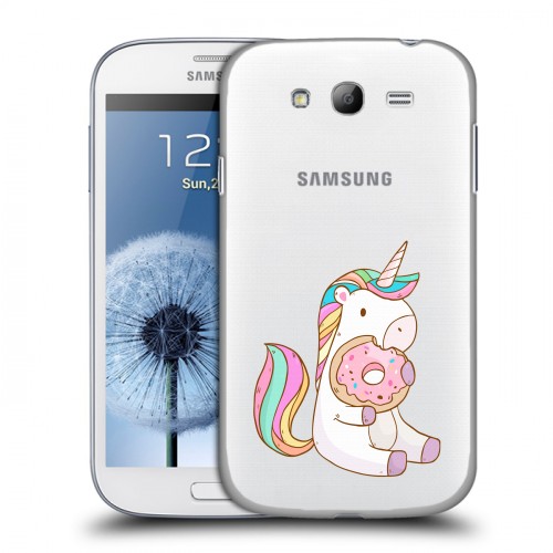 Полупрозрачный дизайнерский пластиковый чехол для Samsung Galaxy Grand Единорог и пончик