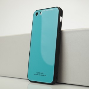 Силиконовый матовый непрозрачный чехол с co стеклянной накладкой для Iphone 5s/5/SE Голубой