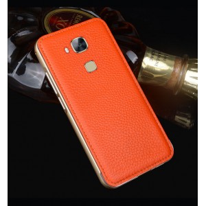 Двухкомпонентный чехол с металлическим бампером и кожаной накладкой (нат. кожа) для Huawei G8 Оранжевый