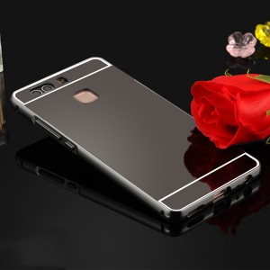 Двухкомпонентный чехол c металлическим бампером с поликарбонатной накладкой и зеркальным покрытием для Huawei P9 Plus  Черный