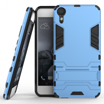 Сверхпрочный противоударный чехол для HTC Desire 10 Lifestyle с текстурой металлик и ножкой подставкой Голубой
