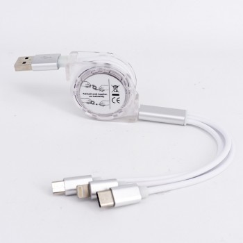 Автоскручивающийся интерфейсный кабель-хаб 3в1 (USB - Lightning/MicroUSB/Type-C) 1м Белый