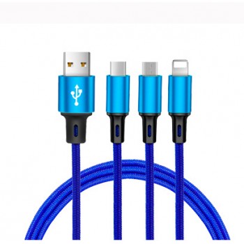 Интерфейсный кабель-хаб 3в1 (USB - Lightning/MicroUSB/Type-C) в тканевой оплетке 1.2м Синий