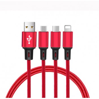 Интерфейсный кабель-хаб 3в1 (USB - Lightning/MicroUSB/Type-C) в тканевой оплетке 1.2м Красный