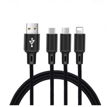 Интерфейсный кабель-хаб 3в1 (USB - Lightning/MicroUSB/Type-C) в тканевой оплетке 1.2м Черный