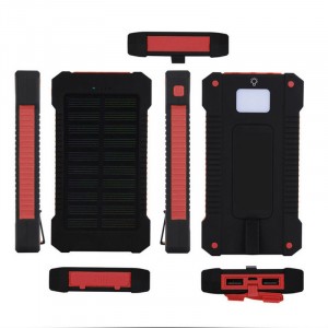 Портативное зарядное устройство 10000mAh в противоударном пылевлагозащищенном корпусе c солнечной батареей, LED-фонариком, 2 разъемами USB и петлей для карабина Красный