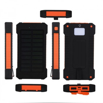 Портативное зарядное устройство 10000mAh в противоударном пылевлагозащищенном корпусе c солнечной батареей, LED-фонариком, 2 разъемами USB и петлей для карабина Оранжевый
