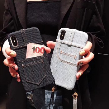 Силиконовый матовый непрозрачный дизайнерский фигурный чехол с карманом и текстурным покрытием Джинса для Iphone X/XS