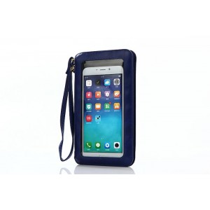 Кожаный кошелек для смартфона с прозрачной передней частью и ремешком Синий