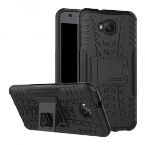 Противоударный двухкомпонентный силиконовый матовый непрозрачный чехол с поликарбонатными вставками экстрим защиты с встроенной ножкой-подставкой и текстурным покрытием Шина для ASUS ZenFone 4 Selfie Черный