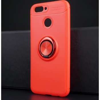 Силиконовый матовый непрозрачный чехол с встроенным кольцом-подставкой и текстурным покрытием Металлик для Huawei Nova 2 Красный