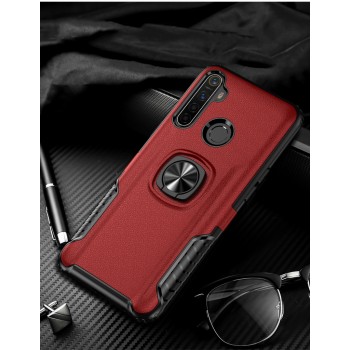Противоударный двухкомпонентный силиконовый матовый непрозрачный чехол с поликарбонатными вставками экстрим защиты с встроенным кольцом-подставкой и текстурным покрытием Кожа для Realme 5/Realme 6i Красный