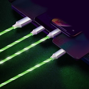 Интерфейсный кабель-хаб 3в1 (USB - Lightning/MicroUSB/Type-C) 1.2м с LED-подсветкой Зеленый