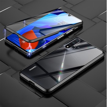 Двухкомпонентный металлический магнитный чехол для  Huawei Honor 30i/Y8p с защитным стеклом и прозрачной задней накладкой Черный