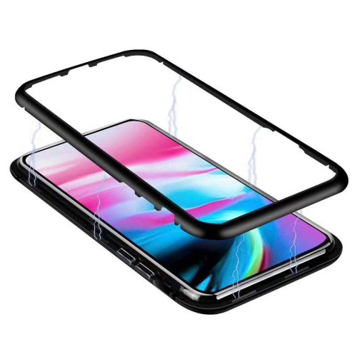 Двухкомпонентный металлический магнитный чехол для  Samsung Galaxy A01 с прозрачной стеклянной задней накладкой, цвет Черный
