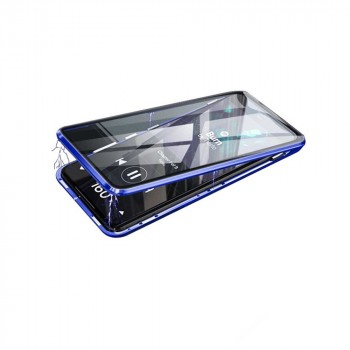 Двухкомпонентный металлический магнитный чехол для  Samsung Galaxy A71 с защитным стеклом и прозрачной задней накладкой Синий