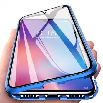 Двухкомпонентный металлический магнитный чехол для  Iphone 12 Mini с защитным стеклом и прозрачной задней накладкой Синий