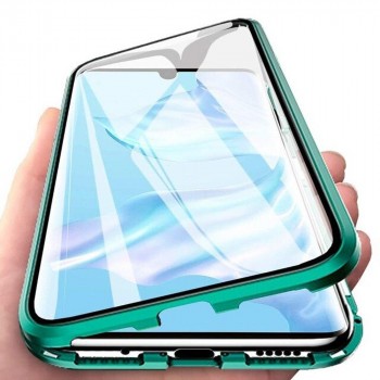 Двухкомпонентный металлический магнитный чехол для  Iphone 12 Mini с защитным стеклом и прозрачной задней накладкой Зеленый