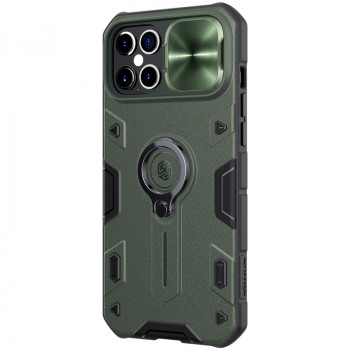 Противоударный двухкомпонентный силиконовый матовый непрозрачный чехол с защитной шторкой для камеры и поликарбонатными вставками экстрим защиты с встроенным кольцом-подставкой и текстурным покрытием Металлик для Iphone 12 Pro Max