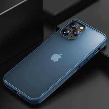 Силиконовый матовый полупрозрачный чехол с поликарбонатной накладкой для Iphone 12 Pro Max Синий