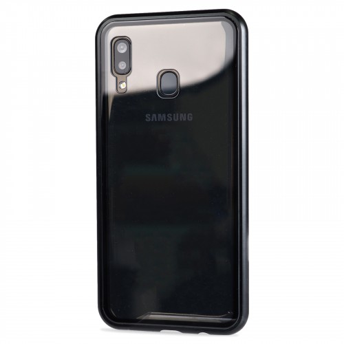 Двухкомпонентный металлический магнитный чехол для  Samsung Galaxy A20 с прозрачной стеклянной задней накладкой, цвет Черный
