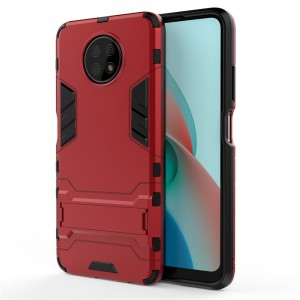 Противоударный двухкомпонентный силиконовый матовый непрозрачный чехол с поликарбонатными вставками экстрим защиты с встроенной ножкой-подставкой и текстурным покрытием Металлик для Xiaomi RedMi Note 9T  Красный
