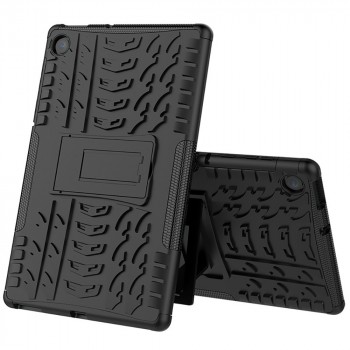 Противоударный двухкомпонентный силиконовый матовый непрозрачный чехол с поликарбонатными вставками для экстрим защиты текстура Шина с встроенной ножкой-подставкой для Lenovo Tab M10 HD Gen 2  Черный