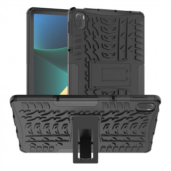 Противоударный двухкомпонентный силиконовый матовый непрозрачный чехол с поликарбонатными вставками для экстрим защиты с встроенной ножкой-подставкой для Xiaomi Pad 5  Черный