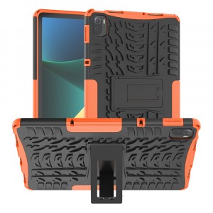 Противоударный двухкомпонентный силиконовый матовый непрозрачный чехол с поликарбонатными вставками для экстрим защиты с встроенной ножкой-подставкой для Xiaomi Pad 5  Оранжевый