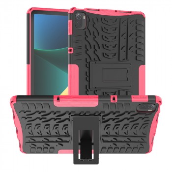 Противоударный двухкомпонентный силиконовый матовый непрозрачный чехол с поликарбонатными вставками для экстрим защиты с встроенной ножкой-подставкой для Xiaomi Pad 5  Розовый